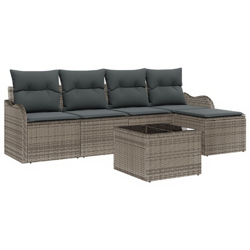 5 Piece Garden Sofa Set with Cushions Black Poly Rattan