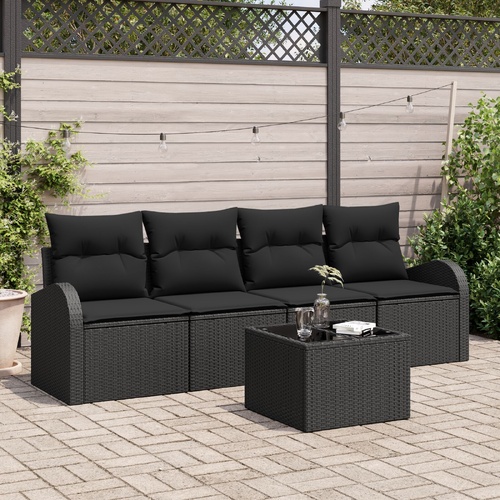 5 Piece Garden Sofa Set with Cushions Black Poly Rattan