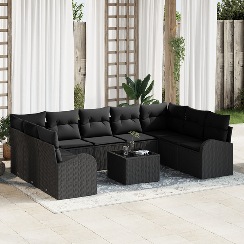 10 Piece Garden Sofa Set with Cushions - Beige Poly Rattan