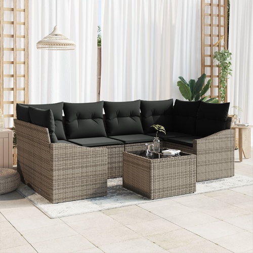 Sofa Set with Cushion with Pillow 7 pcs Grey Poly Rattan