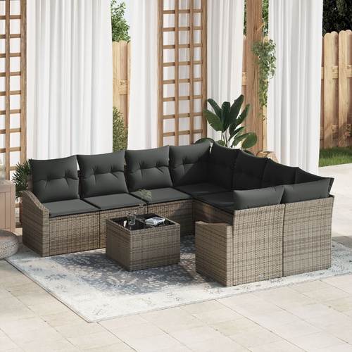 Sofa Set with Cushion Manual with Pillow 9 pcs Grey Poly Rattan