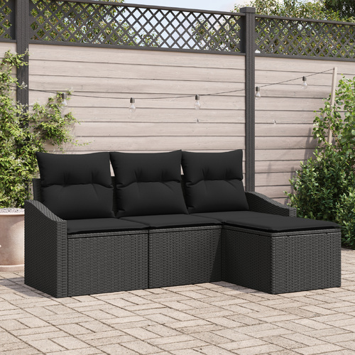 Sofa Set with Cushion 4 pcs Black Poly Rattan