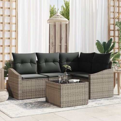 Sofa Set with Cushion 5 pcs Grey Poly Rattan