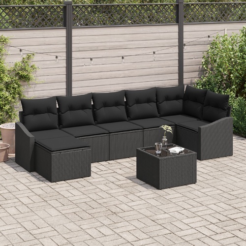 Sofa Set with Cushion 8 pcs Black Poly Rattan