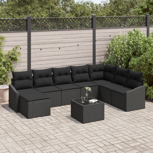 Sofa Set with Cushion 9 pcs Black Poly Rattan