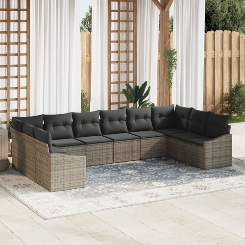 10 Piece Garden Sofa Set with Cushions - Grey Poly Rattan