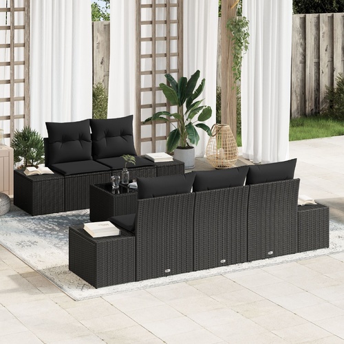 6 Piece Garden Sofa Set with Cushions Black Poly Rattan
