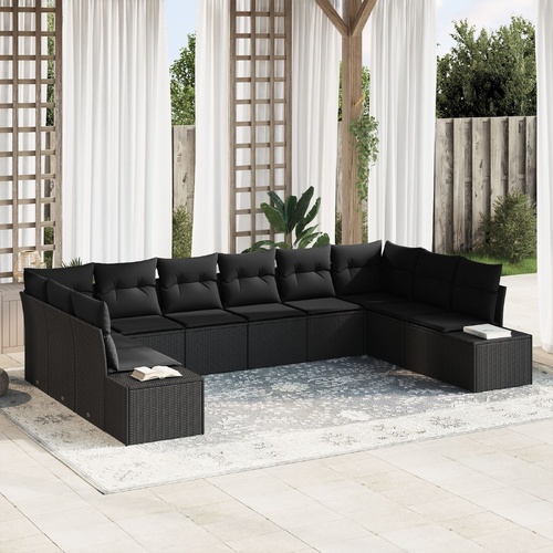 10 Piece Garden Sofa Set with Cushions in Black Poly Rattan