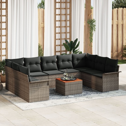 10 Piece Garden Sofa Set with Cushions - Grey Poly Rattan and Acacia