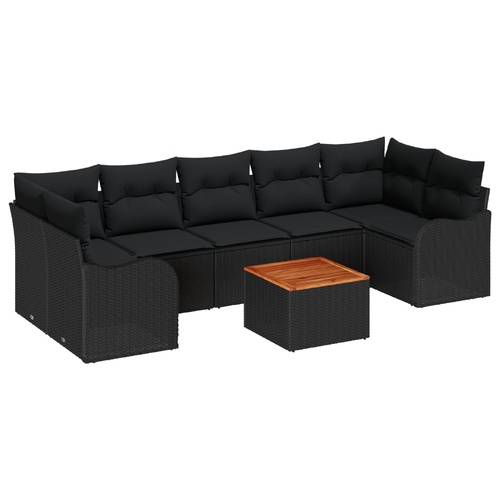 8 Piece Garden Sofa Set with Cushions Black Poly Rattan Acacia