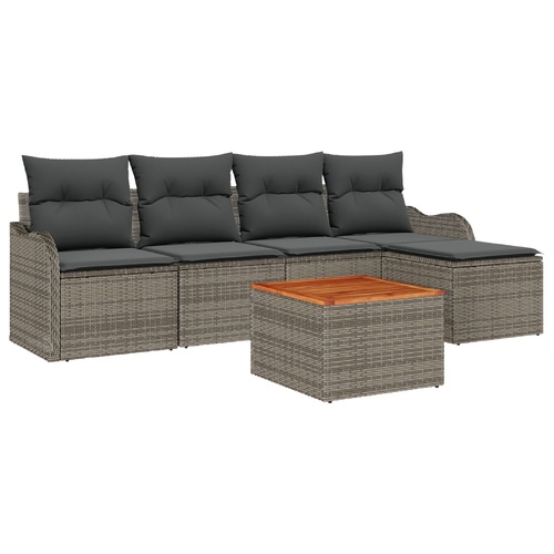 6 Piece Garden Sofa Set with Cushions Grey Poly Rattan Acacia