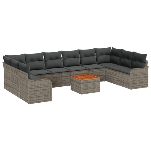 10 Piece Garden Sofa Set with Cushions Grey Poly Rattan Acacia