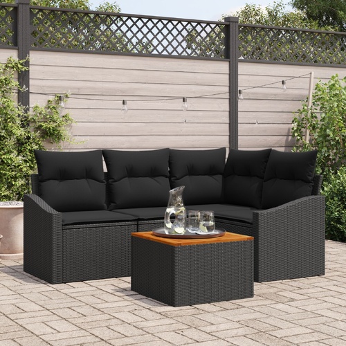5 Piece Garden Sofa Set with Cushions Black Poly Rattan Acacia