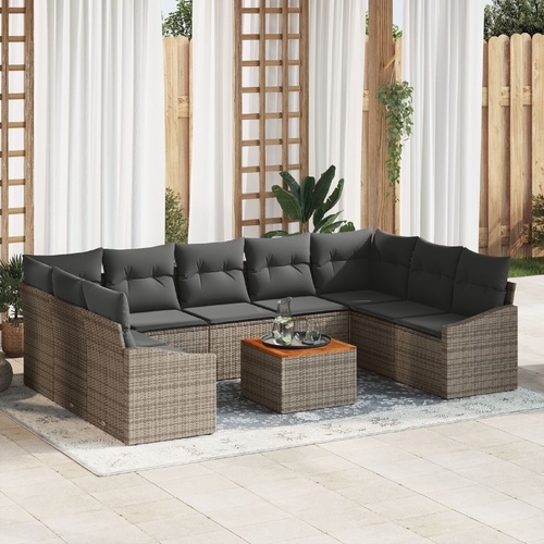 10 Piece Garden Sofa Set with Cushions - Grey Poly Rattan and Acacia