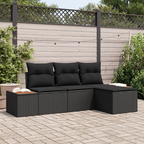 4 Piece Garden Sofa Set with Cushions Black Poly Rattan Acacia