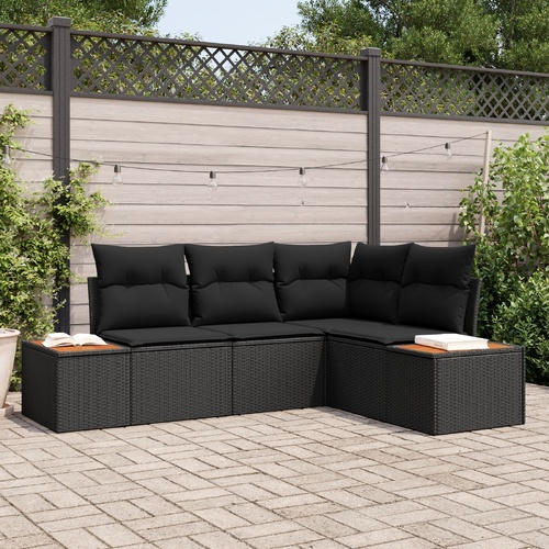 4 Piece Garden Sofa Set with Cushions Black Poly Rattan Acacia