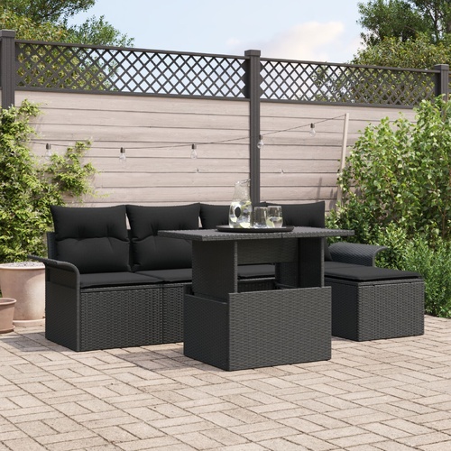 Garden Sofa Set with Cushion 6 pcs Black Poly Rattan
