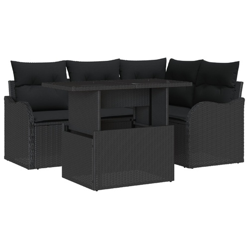 5 Piece Garden Sofa Set with Cushions Black Poly Rattan