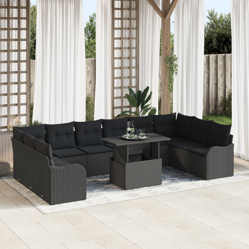 11 Piece Garden Sofa Set with Cushions Black Poly Rattan, 2-Seater Garden Sofa with Cushions Black Poly Rattan