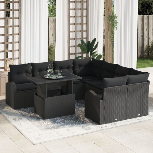 9 Piece Garden Sofa Set with Cushions Black Poly Rattan
