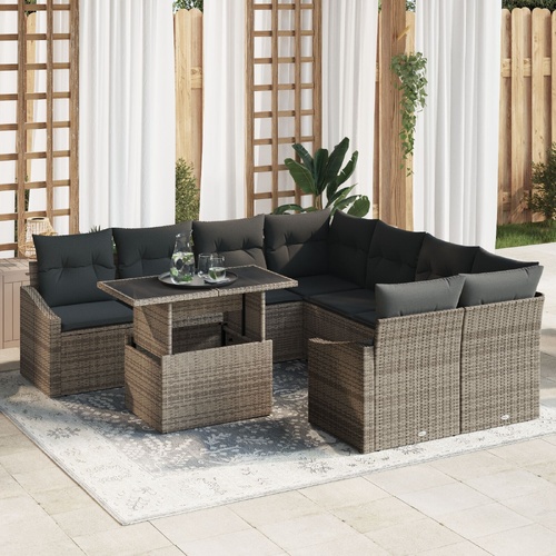 9 Piece Garden Sofa Set with Cushions Grey Poly Rattan
