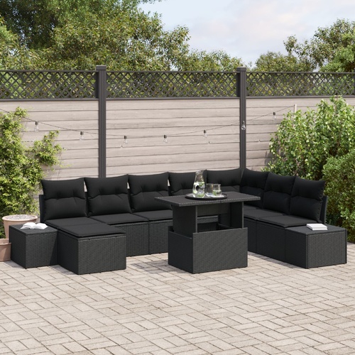Garden Sofa Set with Cushion 9 pcs Black Poly Rattan