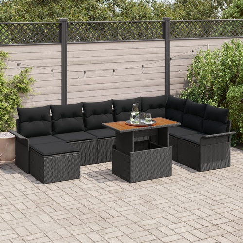 9 Piece Garden Dining Set with Cushions Black Poly Rattan Acacia