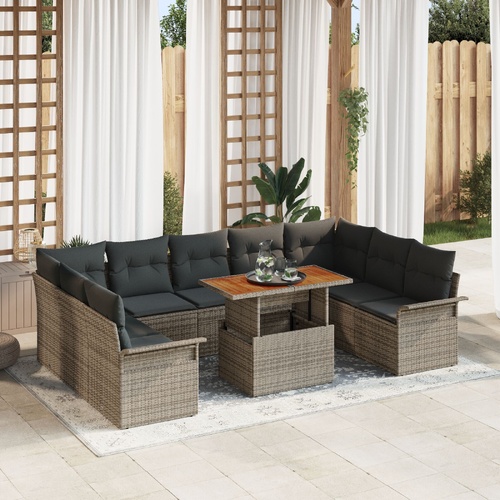 10 Piece Garden Dining Set with Cushions Grey Poly Rattan Acacia