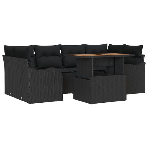 7 Piece Garden Sofa Set with Cushions Black Poly Rattan Acacia