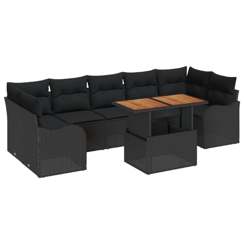 8 Piece Garden Sofa Set with Cushions Black Poly Rattan Acacia