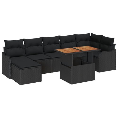 8 Piece Garden Sofa Set with Cushions Black Poly Rattan Acacia