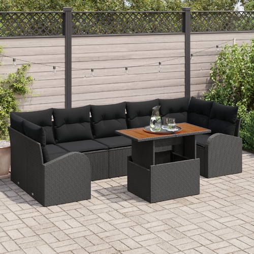 8 Piece Garden Dining Set with Cushions Black Poly Rattan Acacia