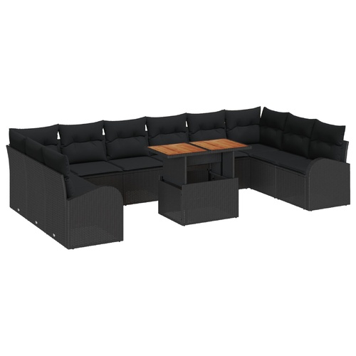 11 Piece Garden Dining Set with Cushions Black Poly Rattan Acacia