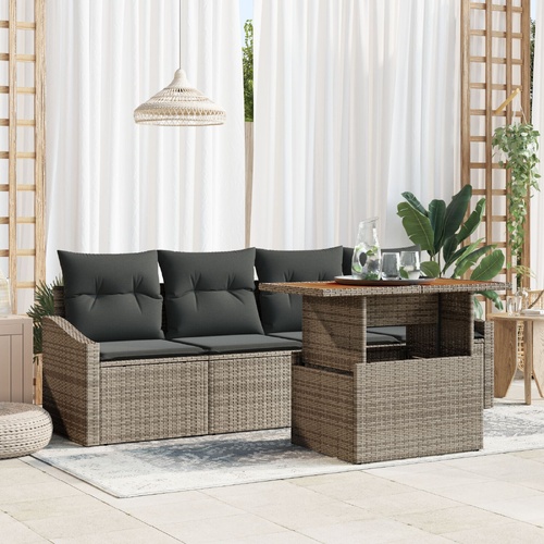 5 Piece Garden Dining Set with Cushions – Grey Poly Rattan and Acacia