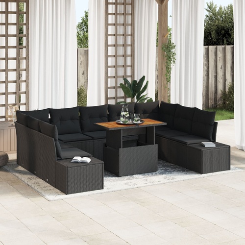 10 Piece Garden Dining Set with Cushions Black Poly Rattan Acacia