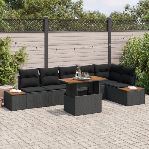 7 Piece Garden Dining Set with Cushions Black Poly Rattan Acacia