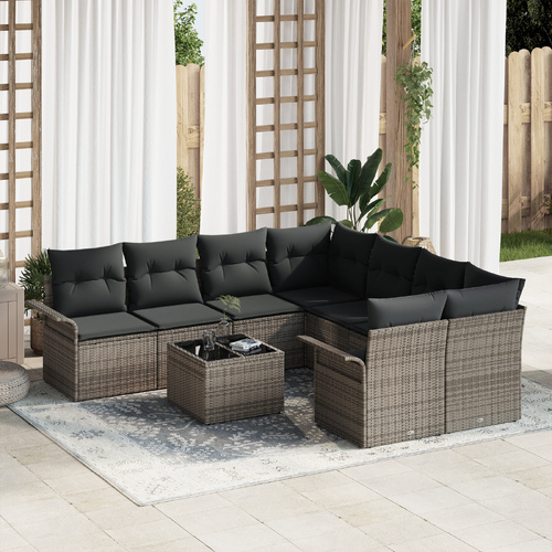 9 Piece Garden Sofa Set with Cushions Grey Poly Rattan