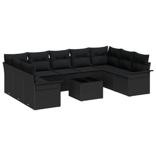 10 Piece Garden Sofa Set with Cushions Beige Poly Rattan, 2-Seater Garden Sofa with Storage&Cushions Black Poly Rattan