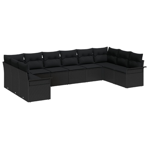 10 Piece Garden Sofa Set with Cushions - Black Poly Rattan