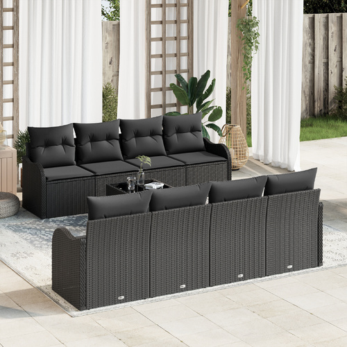 Garden Sofa Set 9 pcs Black Poly Rattan and Steel and Glass