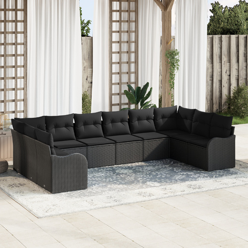 10 Piece Garden Sofa Set with Cushions - Black Poly Rattan