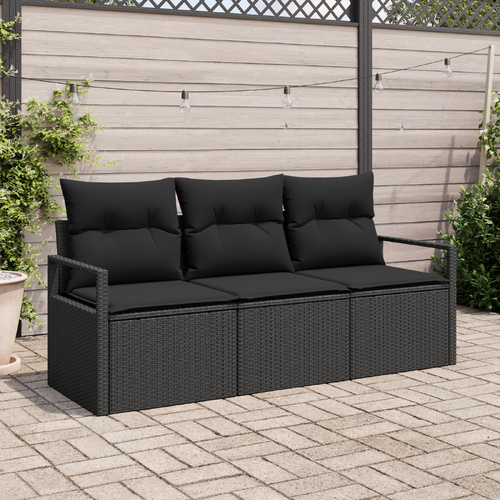 Garden Sofa Set with Cushion 3 pcs Black Poly Rattan
