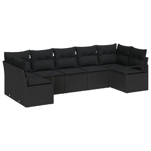 7 Piece Garden Sofa Set with Cushions Black Poly Rattan
