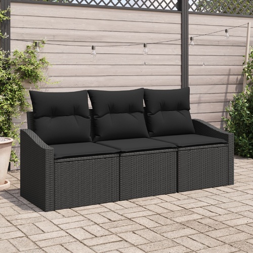Garden Sofa Set with Cushion 3 pcs Black Poly Rattan