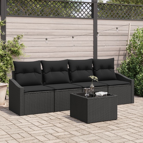 5 Piece Garden Dining Set with Cushions Black Poly Rattan