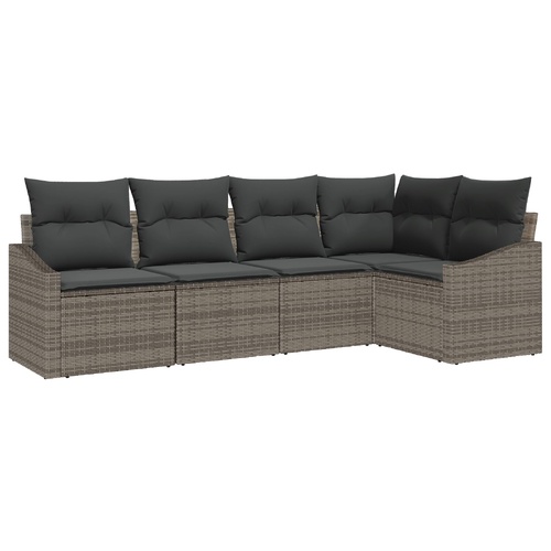 5 Piece Garden Dining Set with Cushions Grey Poly Rattan