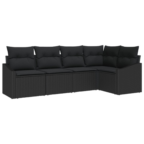 5 Piece Garden Dining Set with Cushions Black Poly Rattan