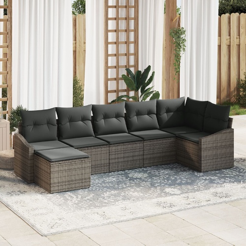 7 Piece Garden Dining Set with Cushions Grey Poly Rattan