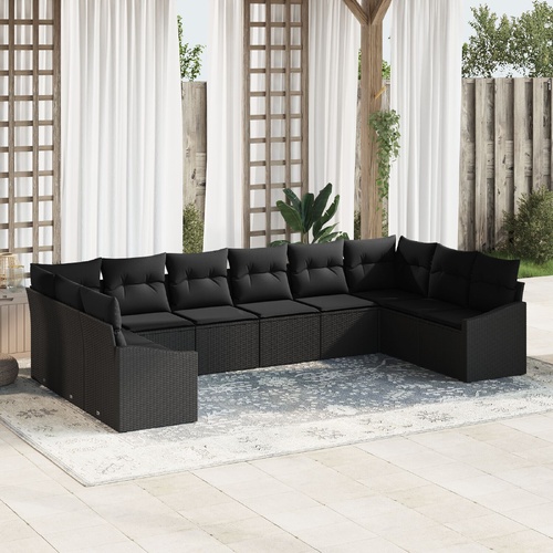 10 Piece Garden Dining Set with Cushions Black Poly Rattan