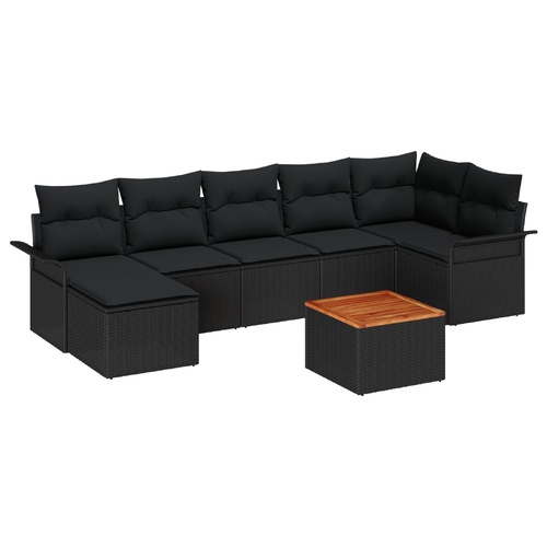 8 Piece Garden Sofa Set with Cushions Black Poly Rattan Acacia